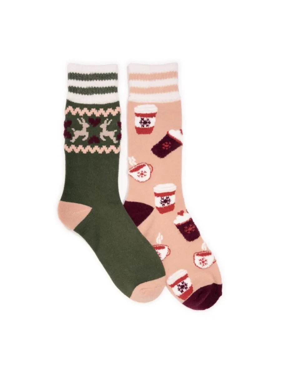 Женские уютные домашние носки с оригинальным дизайном, 2 пары MUK LUKS — изображение 1 из 2, зеленый/розовый