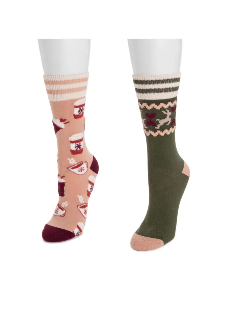 Женские уютные домашние носки с оригинальным дизайном, 2 пары MUK LUKS — изображение 2 из 2, зеленый/розовый