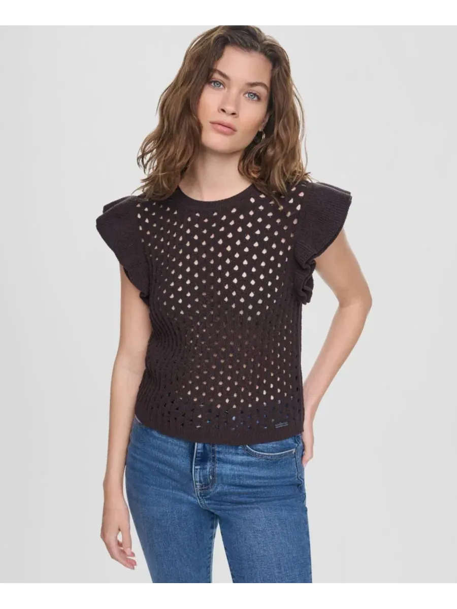 Свитер с коротким рукавом-флаттер, модель Baby Chenille Pointelle Rib DKNY Jeans — изображение 1 из 4, эспрессо