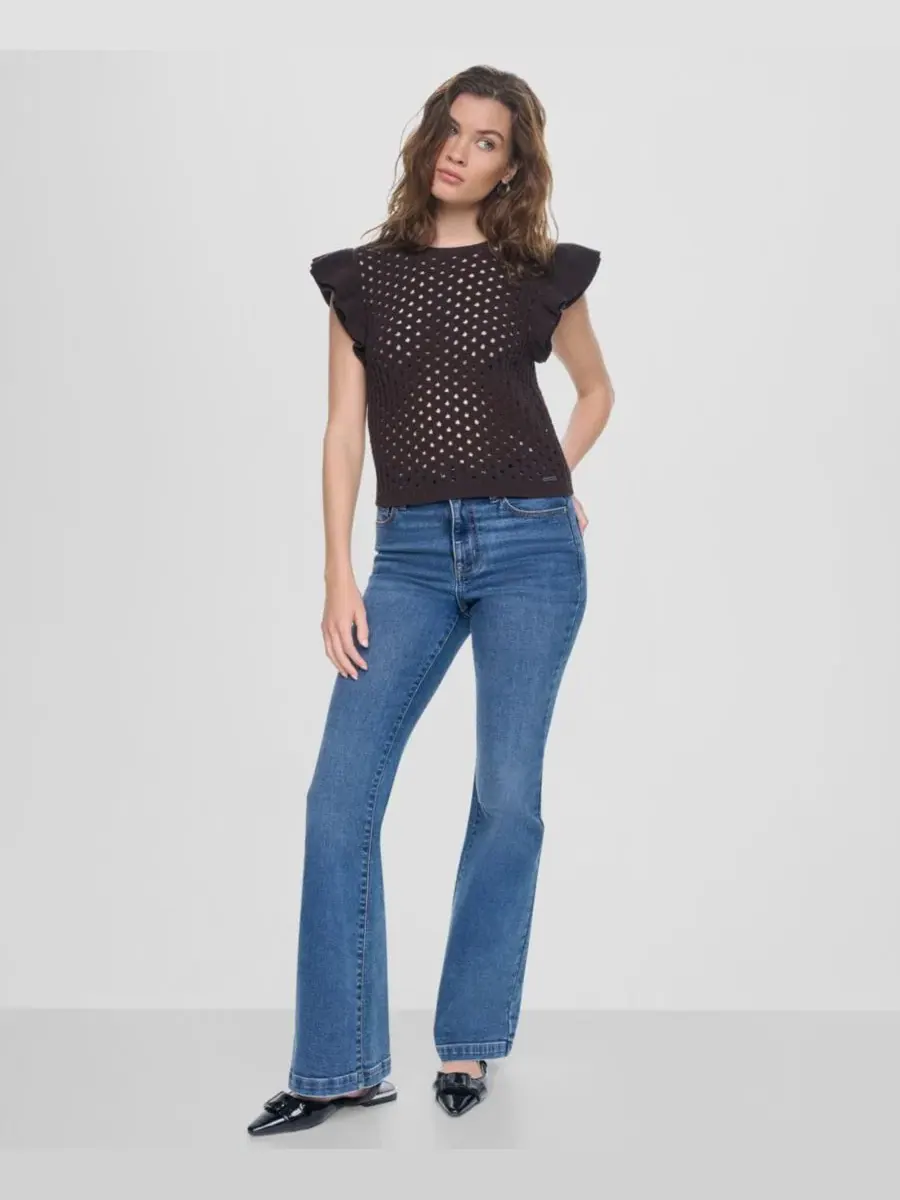 Свитер с коротким рукавом-флаттер, модель Baby Chenille Pointelle Rib DKNY Jeans — изображение 2 из 4, эспрессо
