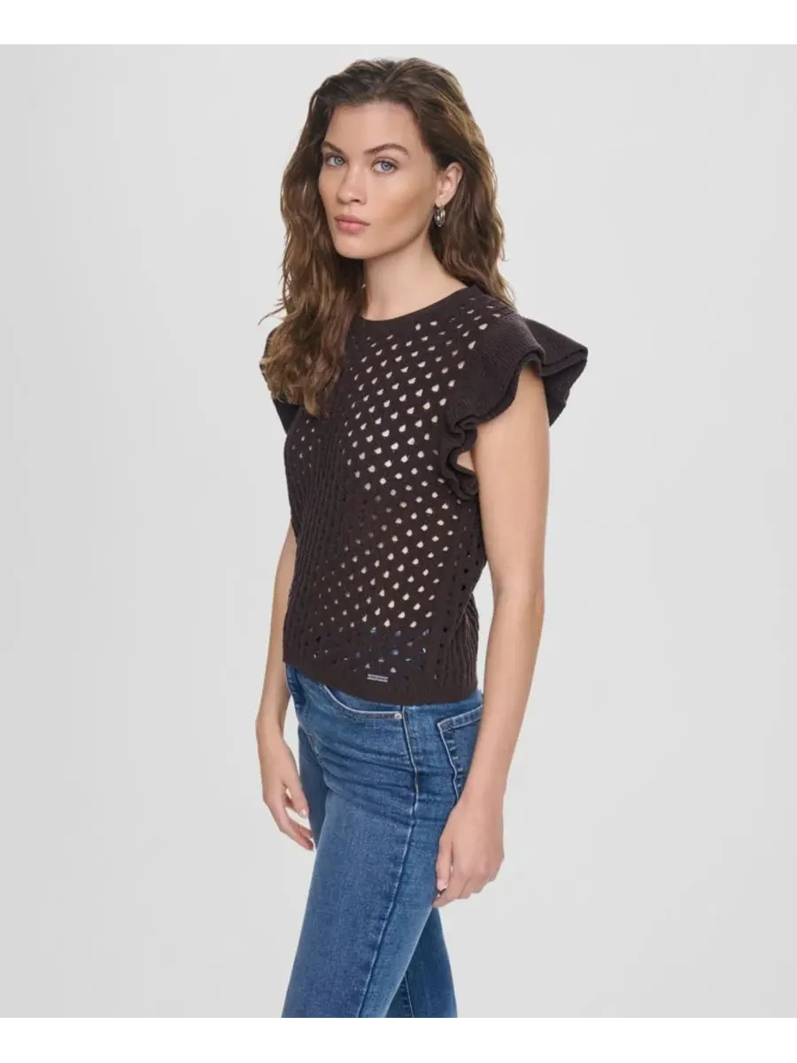 Свитер с коротким рукавом-флаттер, модель Baby Chenille Pointelle Rib DKNY Jeans — изображение 3 из 4, эспрессо