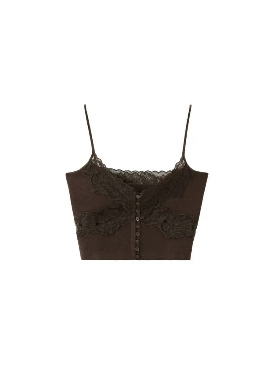 Женский топ-кроп с кружевными аппликациями, без рукавов, модель Lace Fine-Knit MANGO — изображение 1 из 5, шоколад