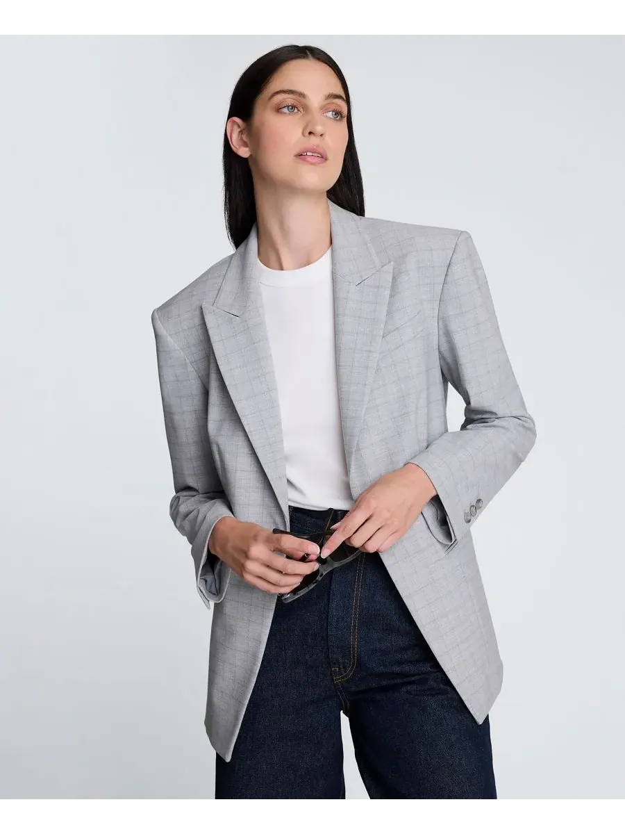 Женский клетчатый однобортный пиджак с вырезом и одной пуговицей Kenneth Cole — изображение 3 из 5, серый
