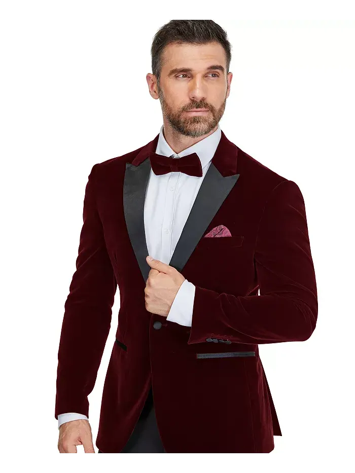 Мужской двубортный смокинг из вельвета "Бердсай" Slim-Fit, 2 предмета Gino Vitale — изображение 2 из 4, бордовый