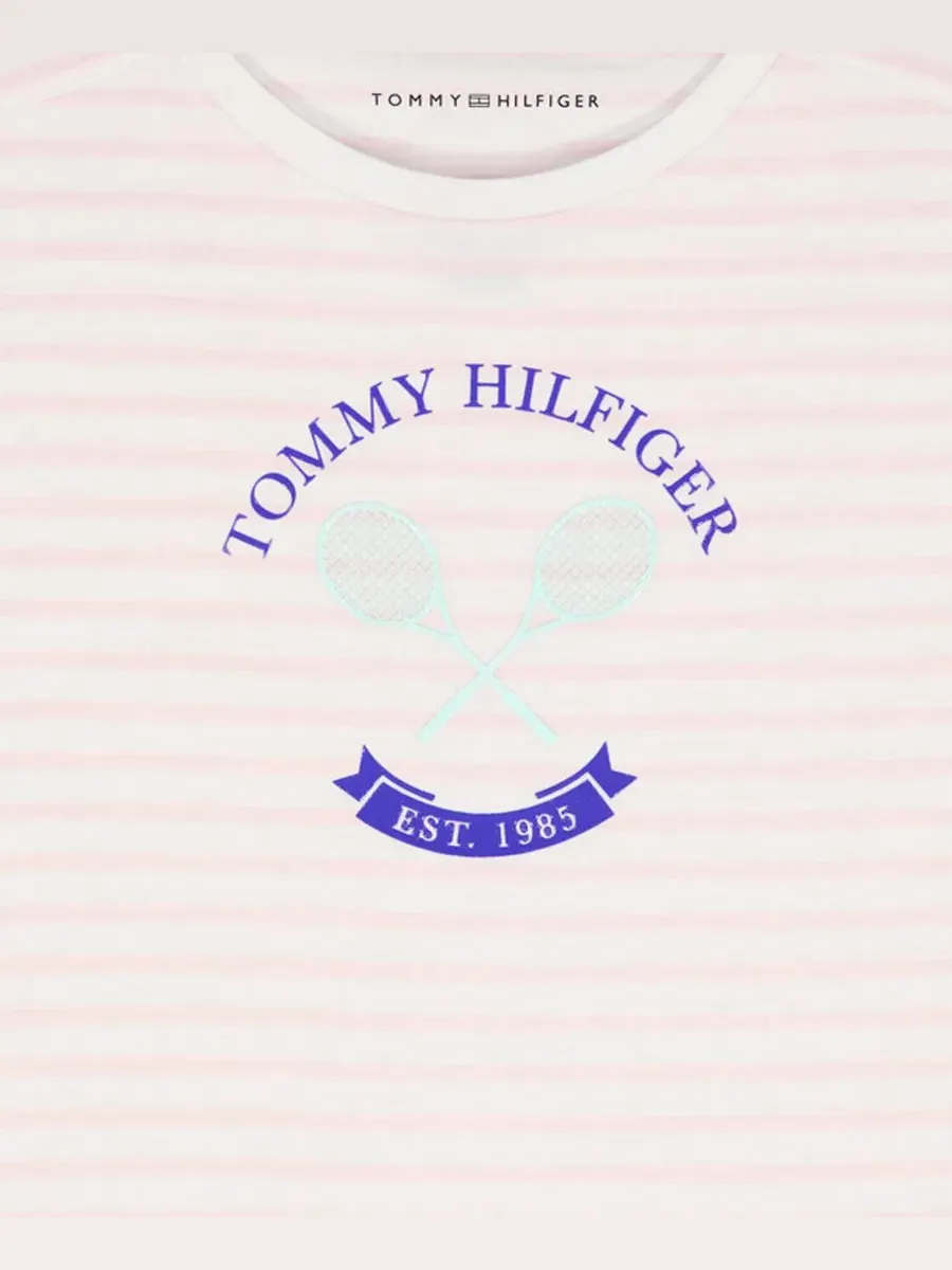 Футболка с круглым вырезом и полосками для девочек 7-16 лет Tommy Hilfiger — изображение 5 из 5, розовый