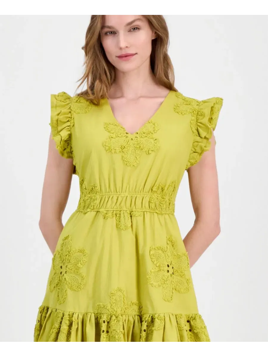Платье-трапеция с вышивкой и прорезями Eyelet Embroidered Cotton Anne Klein — изображение 2 из 5, мох