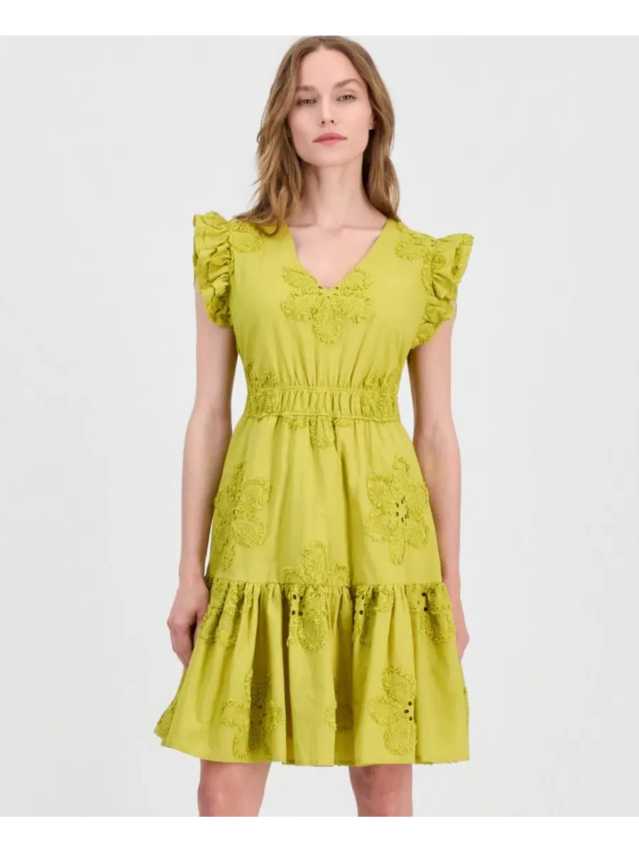 Платье-трапеция с вышивкой и прорезями Eyelet Embroidered Cotton Anne Klein — изображение 3 из 5, мох