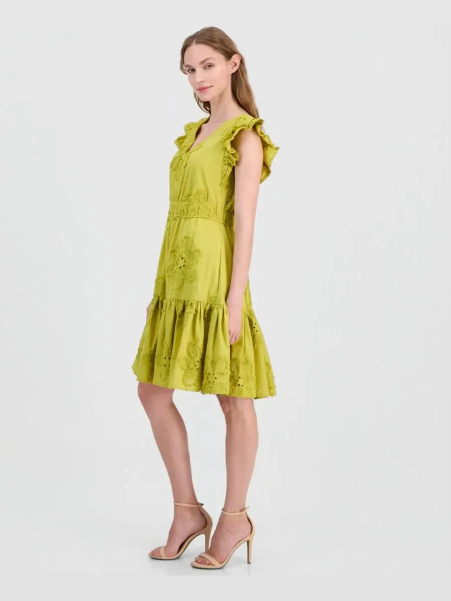 Платье-трапеция с вышивкой и прорезями Eyelet Embroidered Cotton Anne Klein — изображение 4 из 5, мох