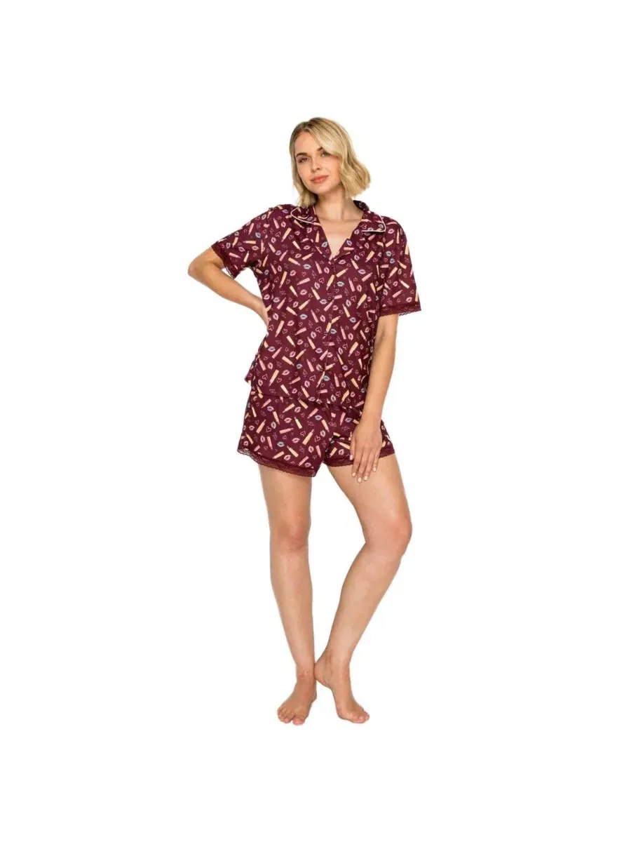 Пижамный комплект с рубашкой и шортами Yummy Jersey Notched Collar Button-Up Short PJ Set Studio
