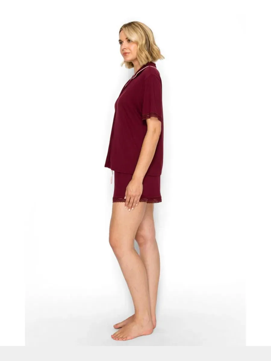 Пижамный комплект с воротником-поло и шортами, Yummy Jersey Notched Collar Button-Up Short PJ Set — изображение 2 из 5