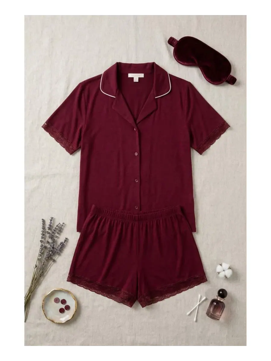 Пижамный комплект с воротником-поло и шортами, Yummy Jersey Notched Collar Button-Up Short PJ Set — изображение 4 из 5