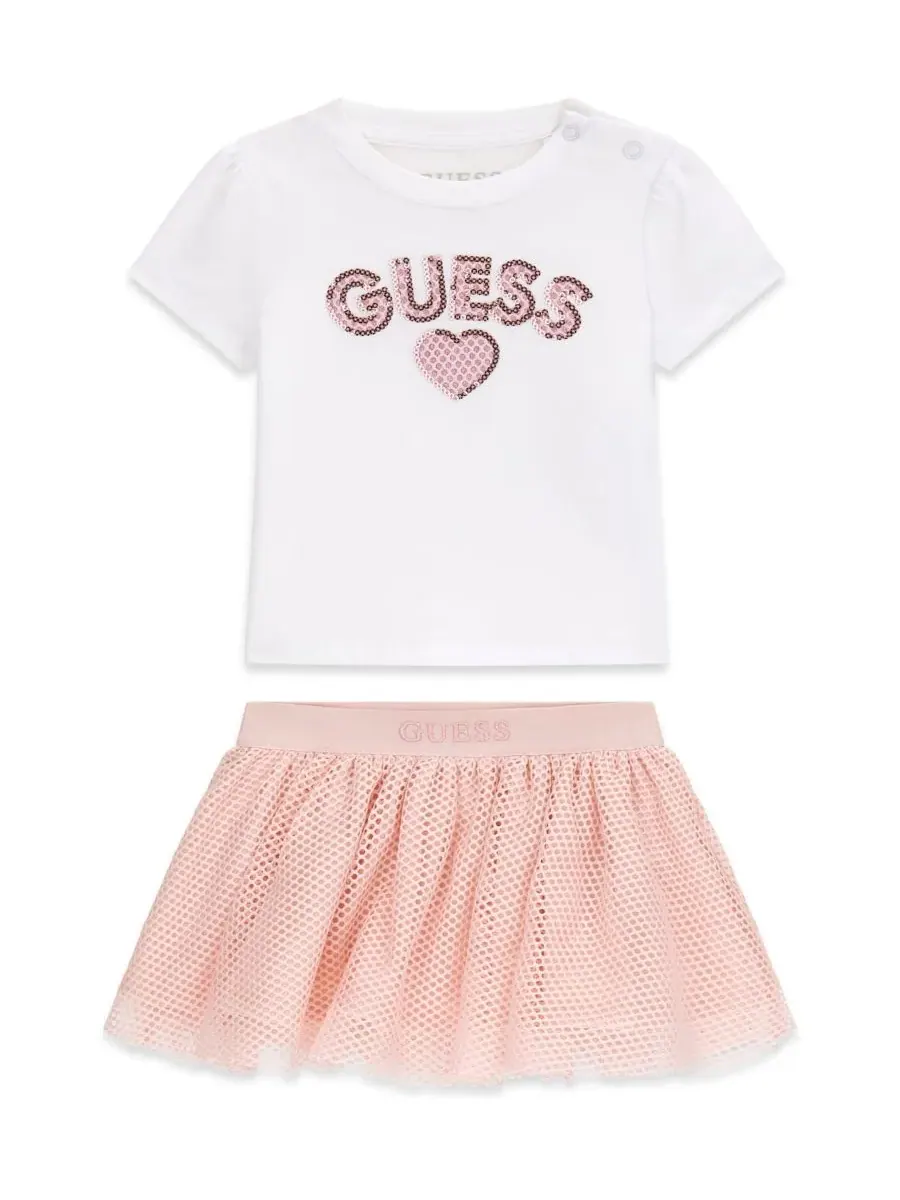 Детский комплект для девочек: футболка с коротким рукавом и юбка GUESS — изображение 1 из 4, белый/розовый
