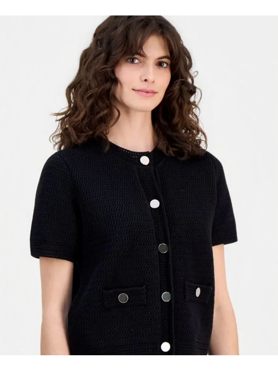 Женский хлопковый кардиган ажурной вязки с пуговицами спереди Anne Klein — изображение 3 из 4, черный