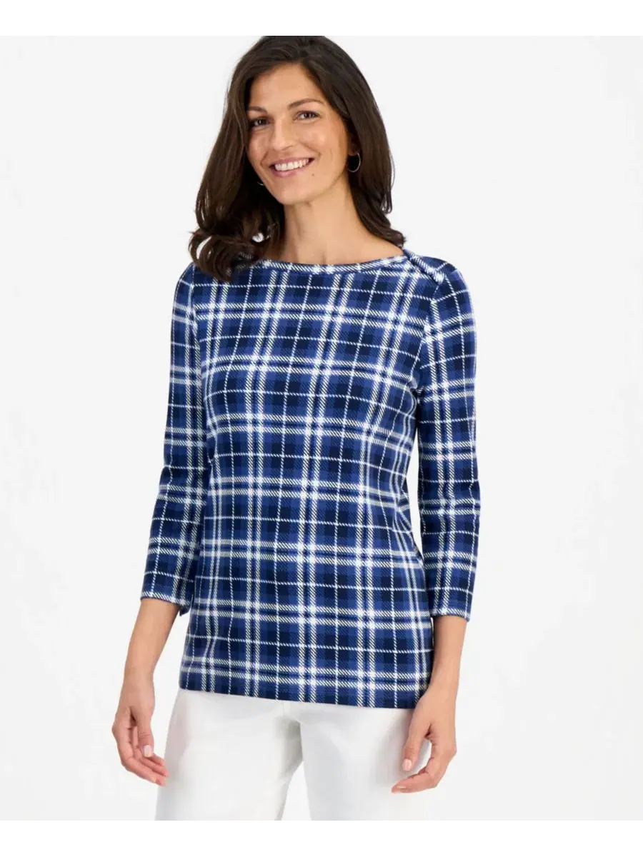 Футболка с принтом, 3/4 рукав, лодочка, хлопок, Dani Plaid Style & Co — изображение 1 из 3, синий