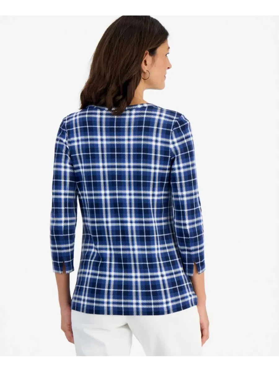 Футболка с принтом, 3/4 рукав, лодочка, хлопок, Dani Plaid Style & Co — изображение 3 из 3, синий