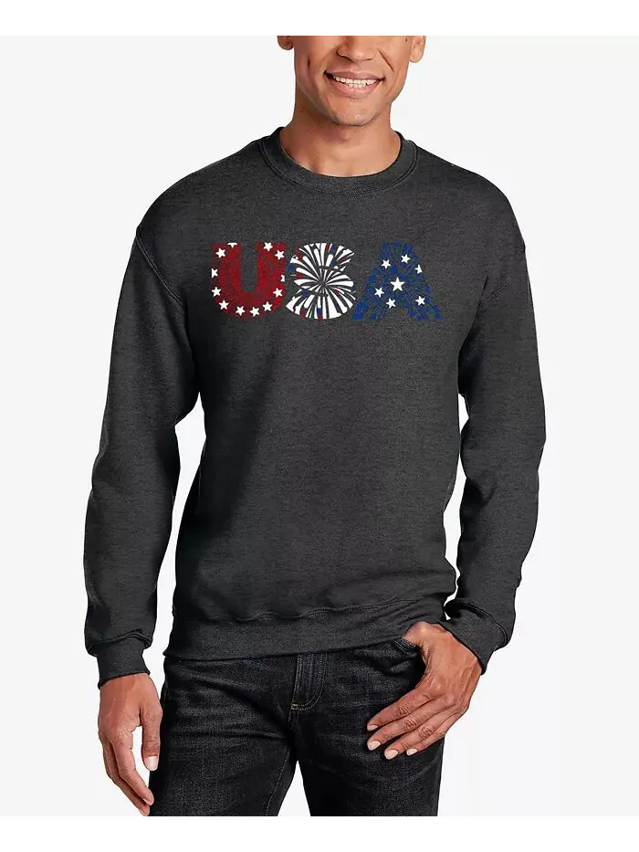 USA Fireworks - Мужская толстовка с круглым вырезом Word Art LA Pop Art — изображение 1 из 4, серый