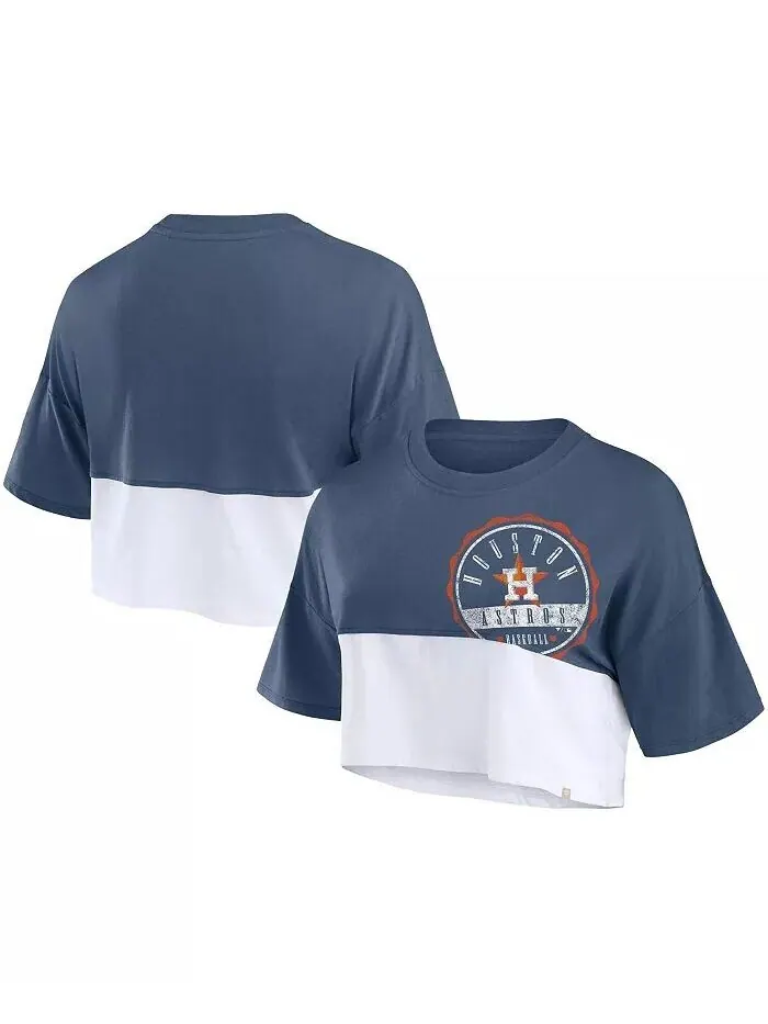 Женская темно-синяя/белая укороченная футболка свободного кроя Houston Astros с цветным разрезом — изображение 1 из 3