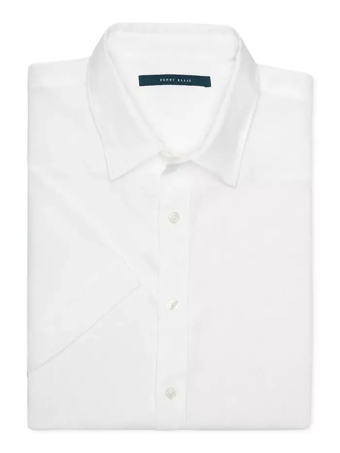 Мужская льняная рубашка с коротким рукавом на пуговицах Perry Ellis — изображение 2 из 3, яркий белый