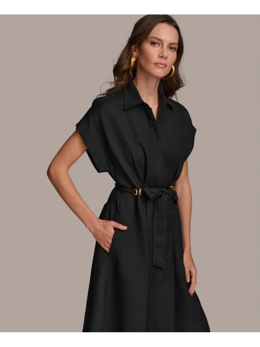 Женское миди-платье с поясом и отделкой люверсами Donna Karan New York — изображение 2 из 7, черный