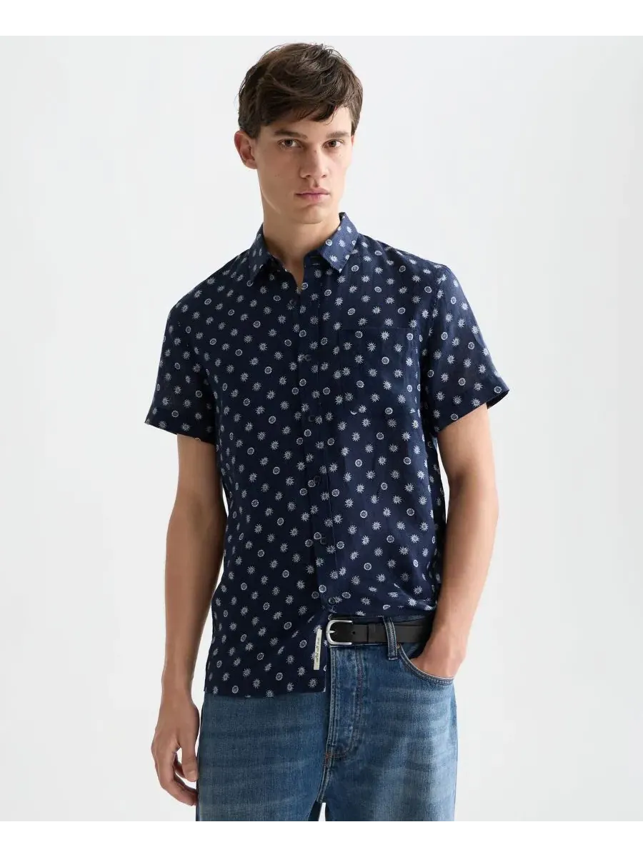 Мужская льняная рубашка с коротким рукавом и микропринтом Scotch & Soda — изображение 1 из 5, синий