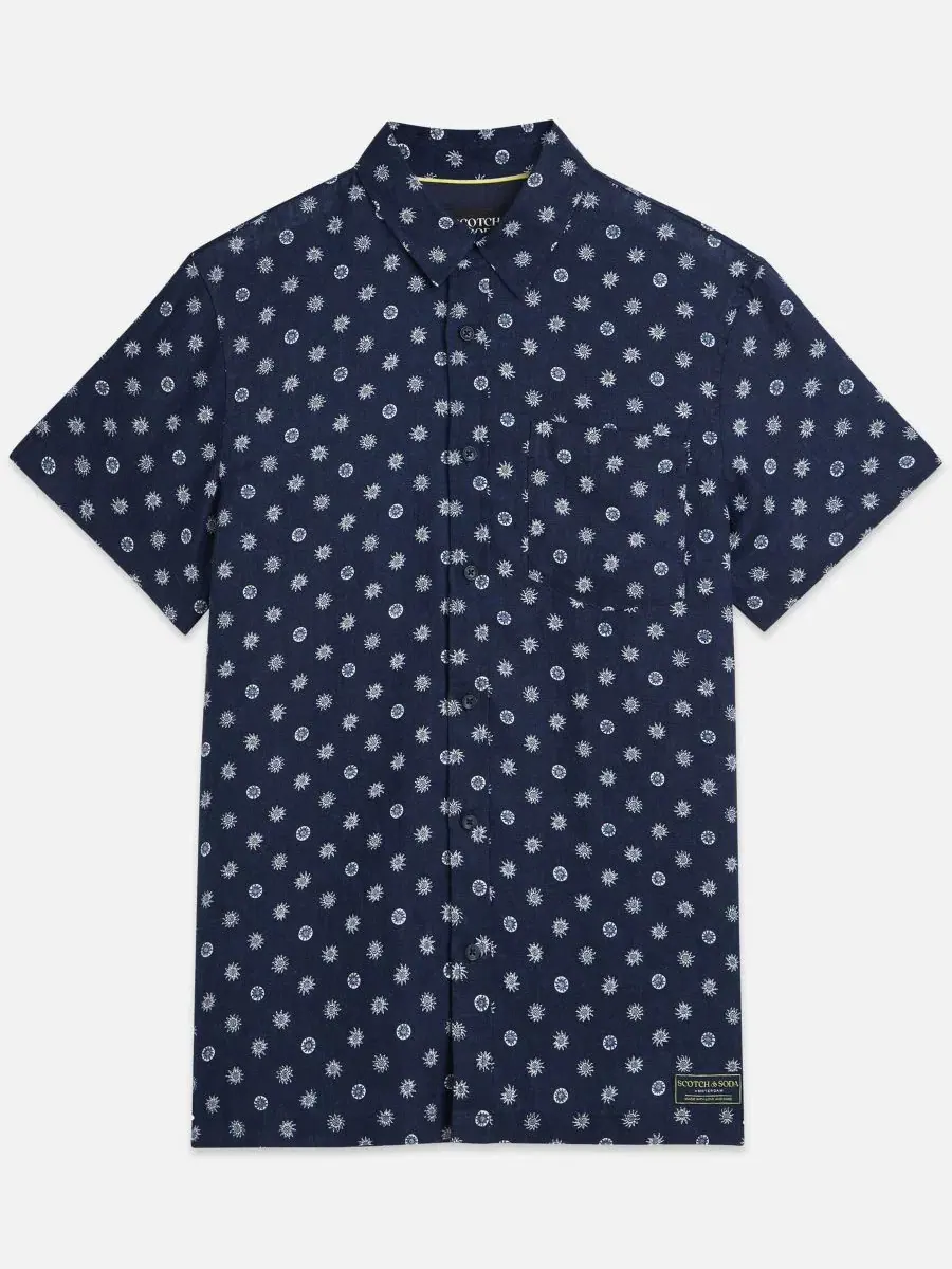 Мужская льняная рубашка с коротким рукавом и микропринтом Scotch & Soda — изображение 4 из 5, синий