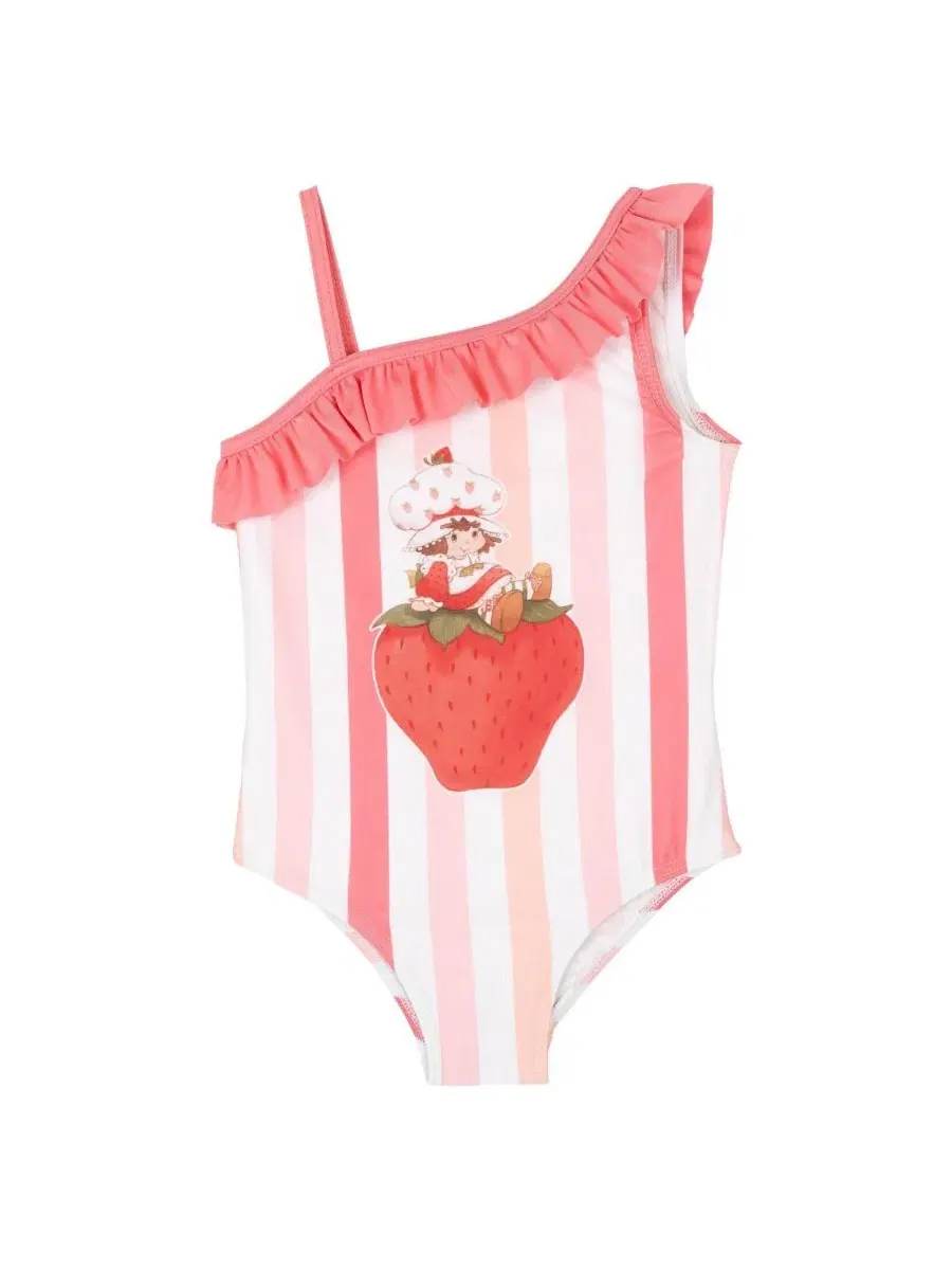 Детский цельнокроеный купальник с асимметричным вырезом и принтом Vintage Strawberry Shortcake