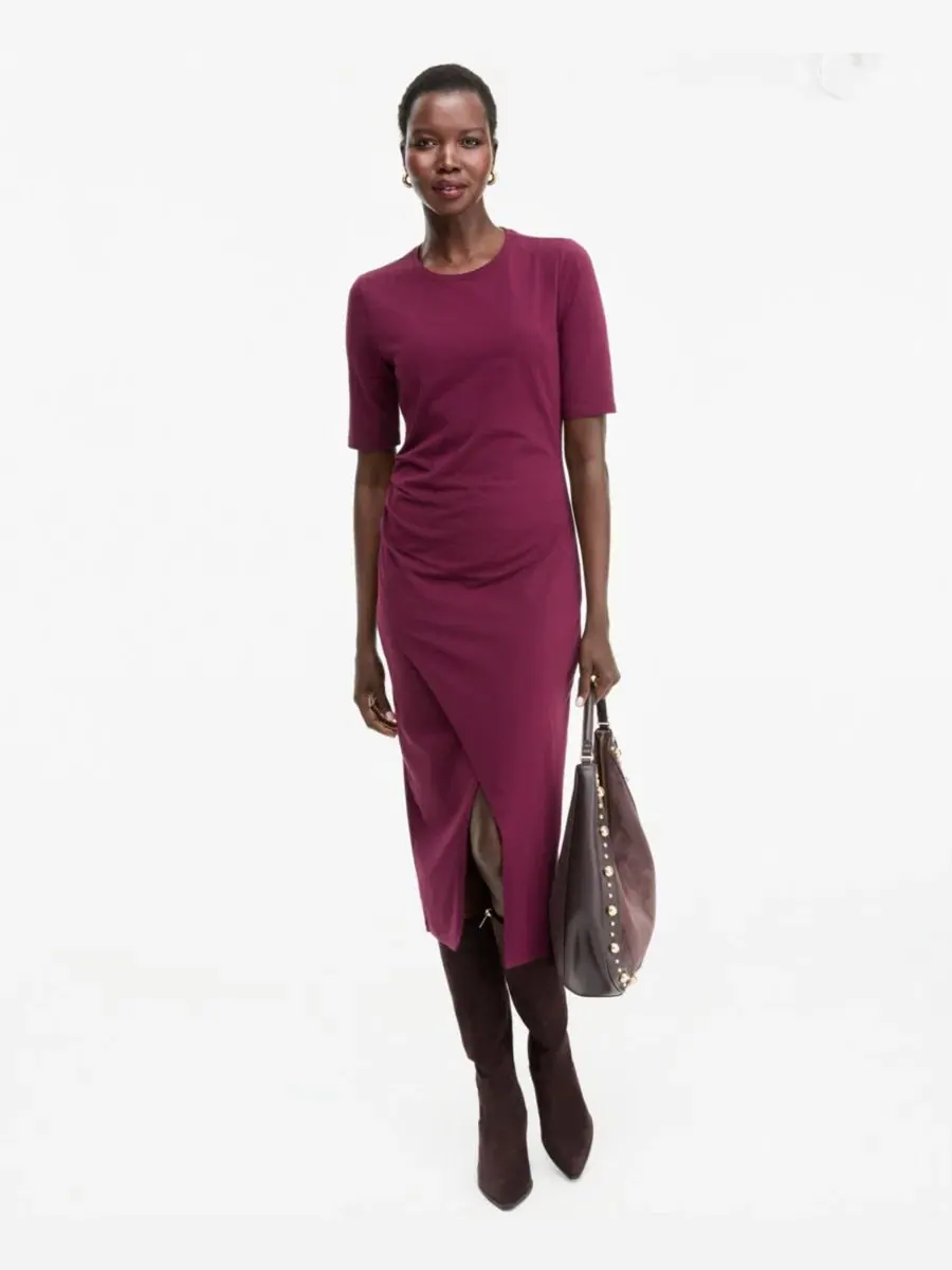 Платье миди с разрезом, модель Front-Slit Short-Sleeve Midi Dress I.N.C. International Concepts — изображение 1 из 4, винный