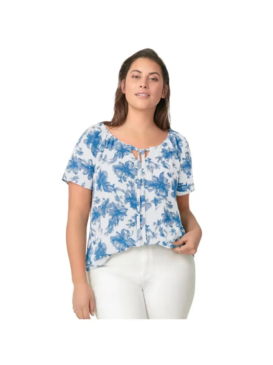 Блуза-крестьянка с вырезом-петлей, без рукавов, Plus Size Keyhole Peasant Blouse ellos — изображение 1 из 3, белый синий