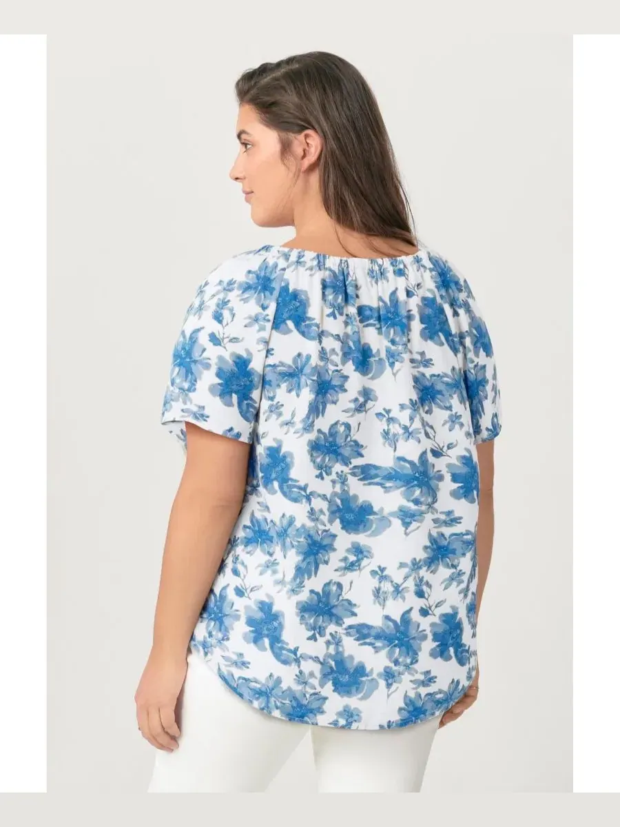 Блуза-крестьянка с вырезом-петлей, без рукавов, Plus Size Keyhole Peasant Blouse ellos — изображение 2 из 3, белый синий