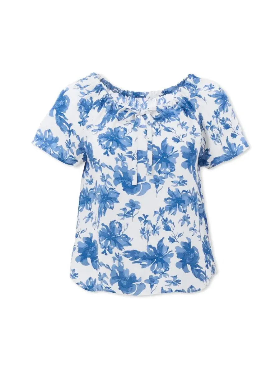 Блуза-крестьянка с вырезом-петлей, без рукавов, Plus Size Keyhole Peasant Blouse ellos — изображение 3 из 3, белый синий