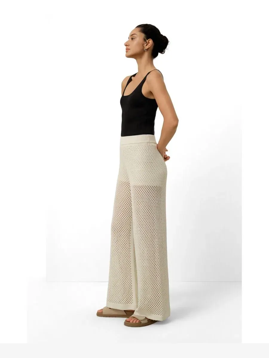 Брюки широкие с открытым узором, модель Toscana Wide-Leg Pull-On Pointelle LILYSILK — изображение 2 из 5, белый