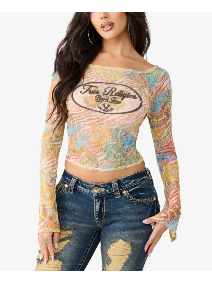 Топ с длинным рукавом с кружевными вставками и принтом бабочек True Religion — изображение 1 из 3, кремовый