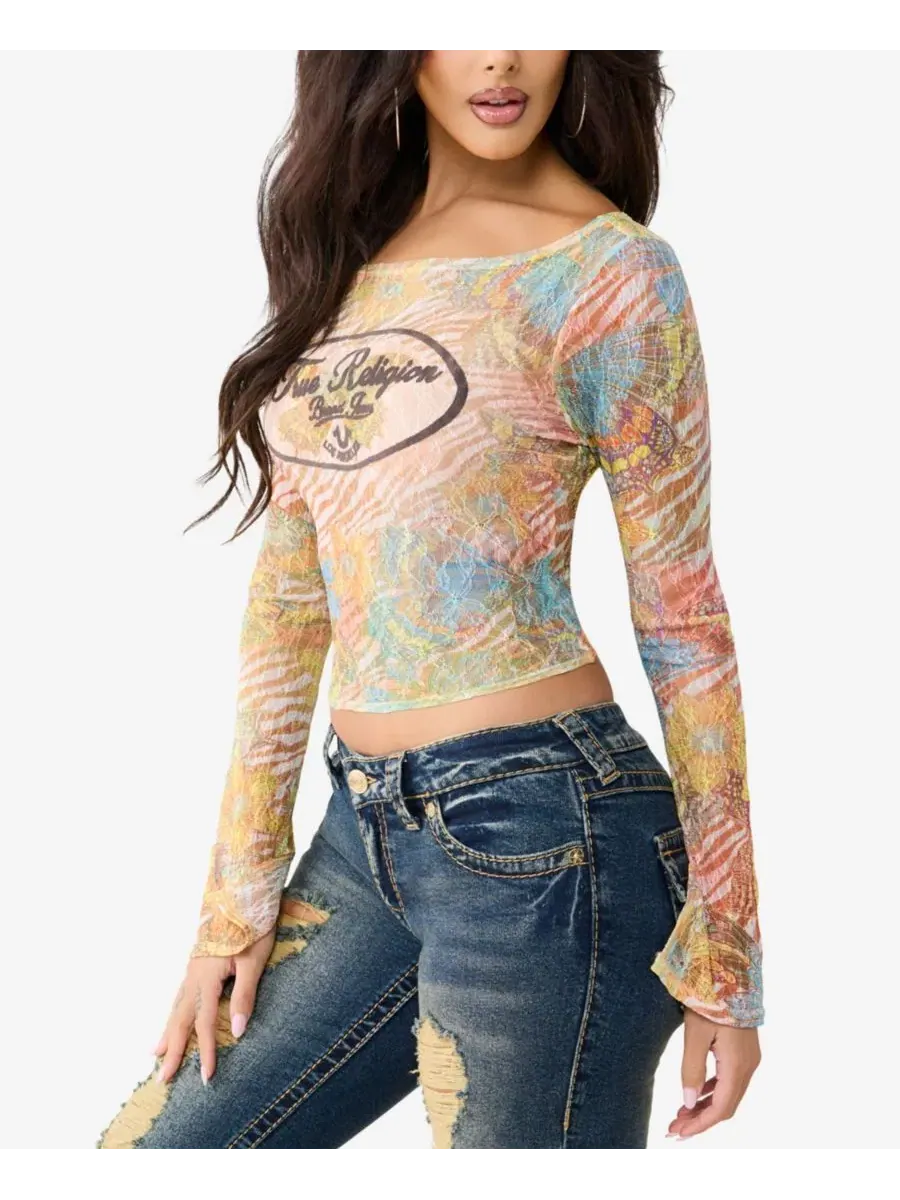 Топ с длинным рукавом с кружевными вставками и принтом бабочек True Religion — изображение 2 из 3, кремовый