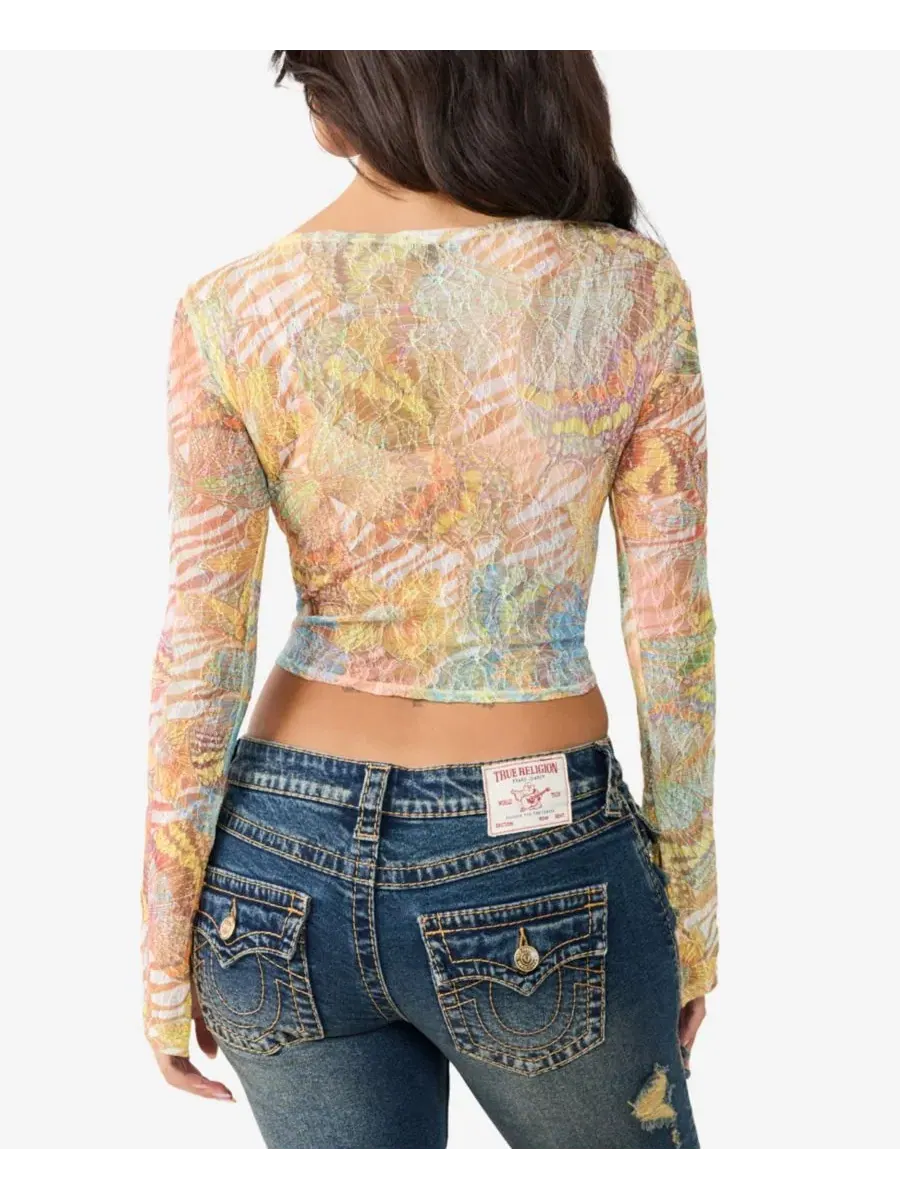 Топ с длинным рукавом с кружевными вставками и принтом бабочек True Religion — изображение 3 из 3, кремовый