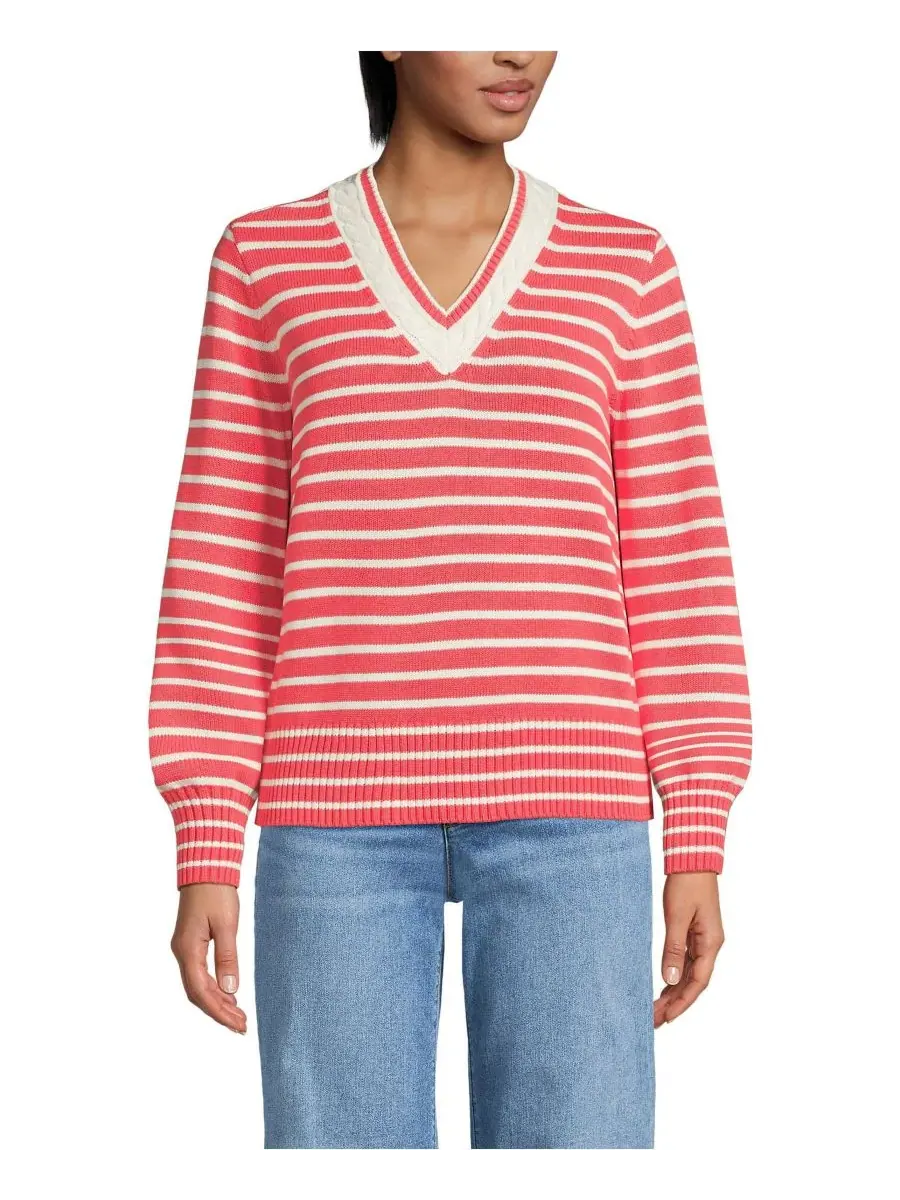 Женский комплект Drifter с V-образным вырезом и рукавами Lands' End, coral/айвори mini stripe — изображение 1 из 3, бежевый