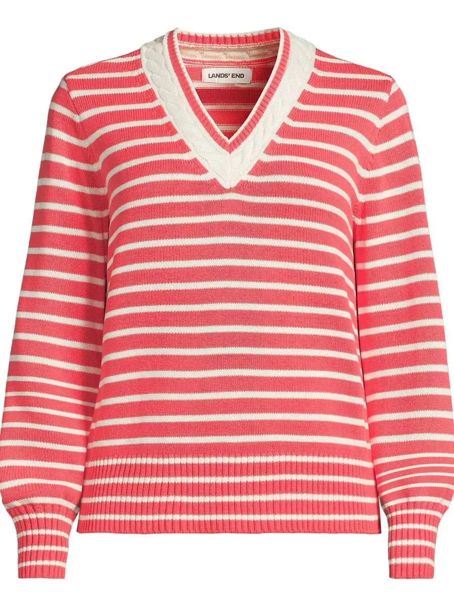 Женский комплект Drifter с V-образным вырезом и рукавами Lands' End, coral/айвори mini stripe — изображение 3 из 3, бежевый