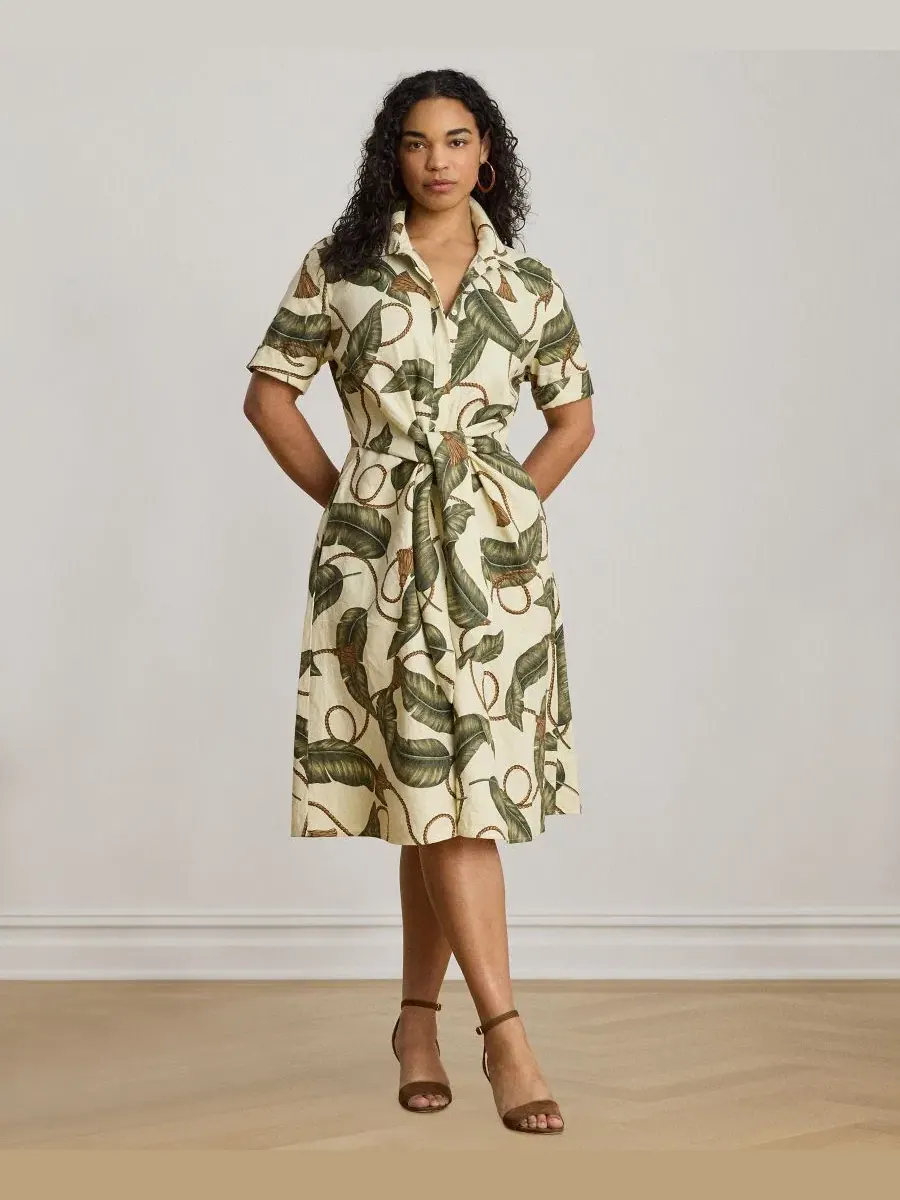 Женское льняное платье-рубашка с воротником-стойкой Lauren Ralph Lauren — изображение 2 из 7, кремовый мульти