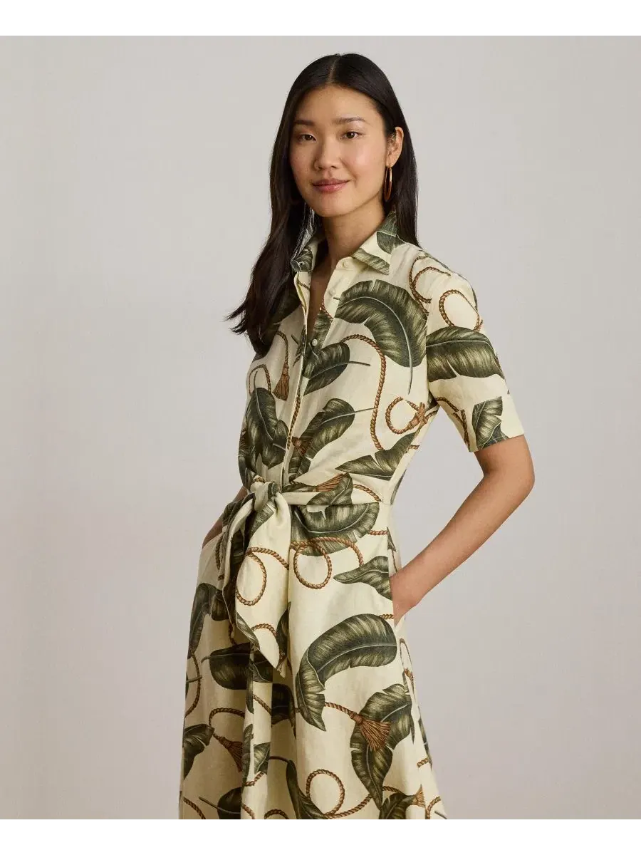 Женское льняное платье-рубашка с воротником-стойкой Lauren Ralph Lauren — изображение 3 из 7, кремовый мульти