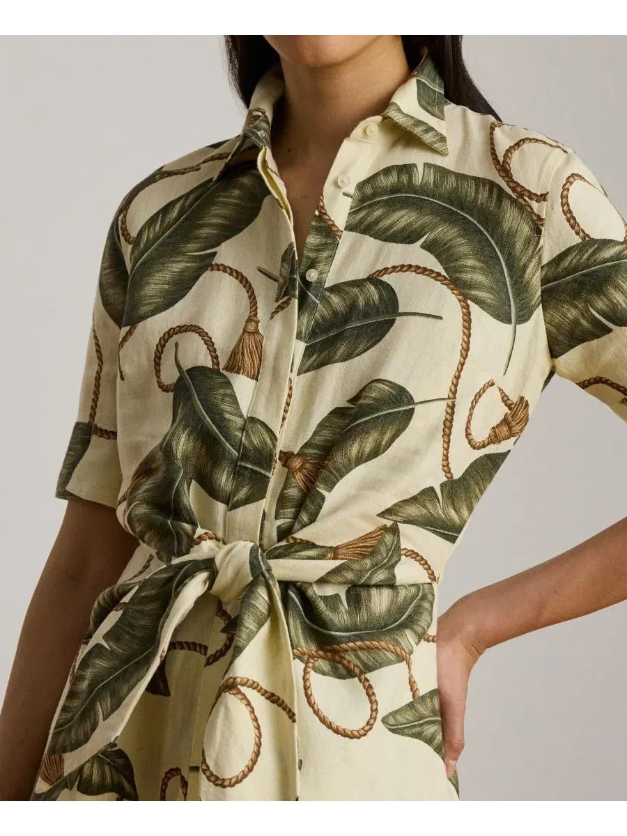 Женское льняное платье-рубашка с воротником-стойкой Lauren Ralph Lauren — изображение 4 из 7, кремовый мульти