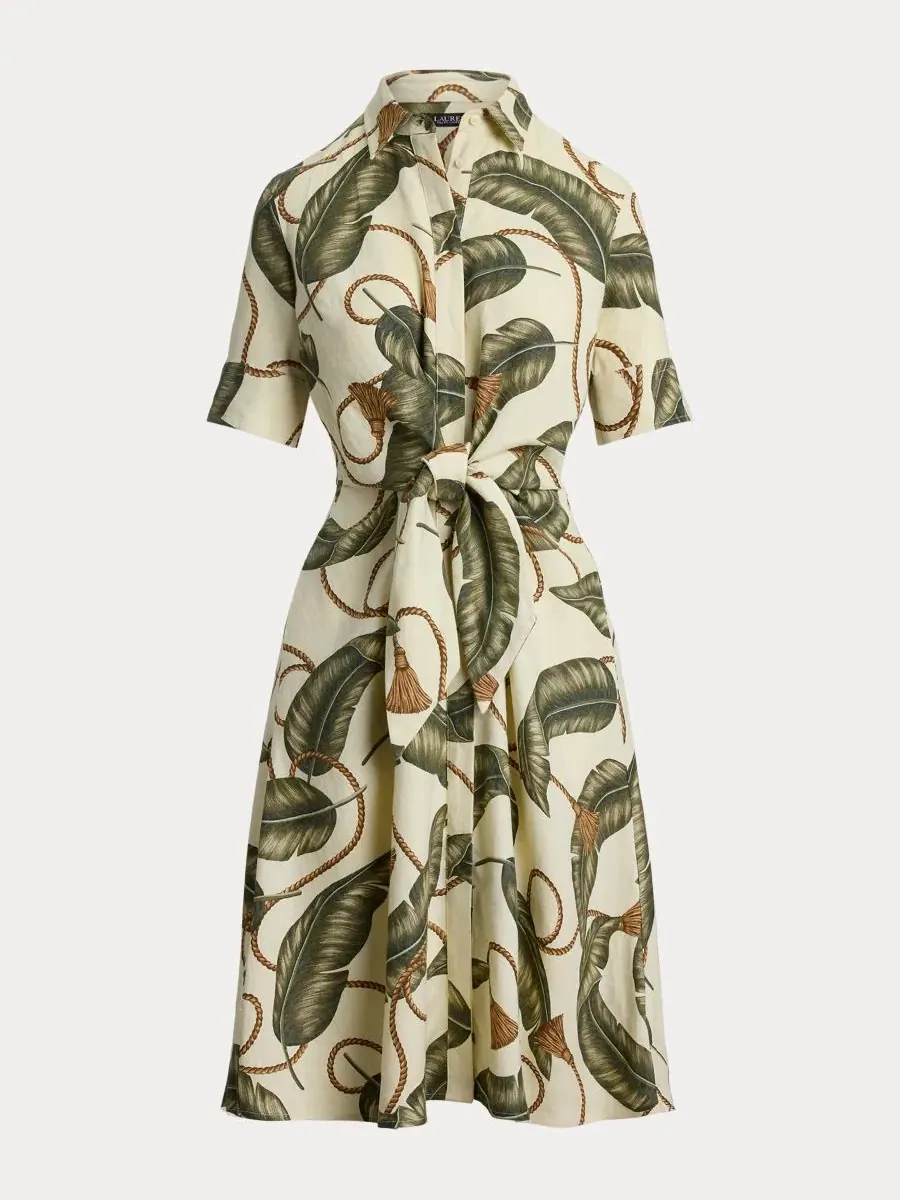 Женское льняное платье-рубашка с воротником-стойкой Lauren Ralph Lauren — изображение 6 из 7, кремовый мульти