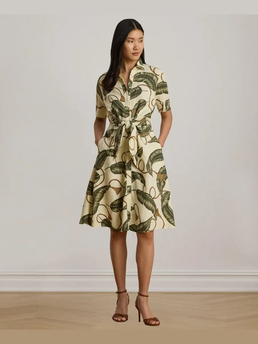 Женское льняное платье-рубашка с воротником-стойкой Lauren Ralph Lauren — изображение 7 из 7, кремовый мульти