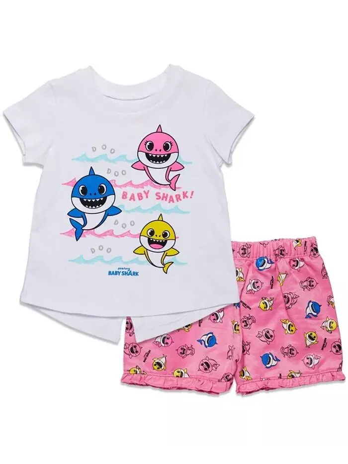 Комплект одежды из футболки и шорт с рисунком Baby Shark для маленьких девочек Pinkfong — изображение 1 из 7, розовый/белый