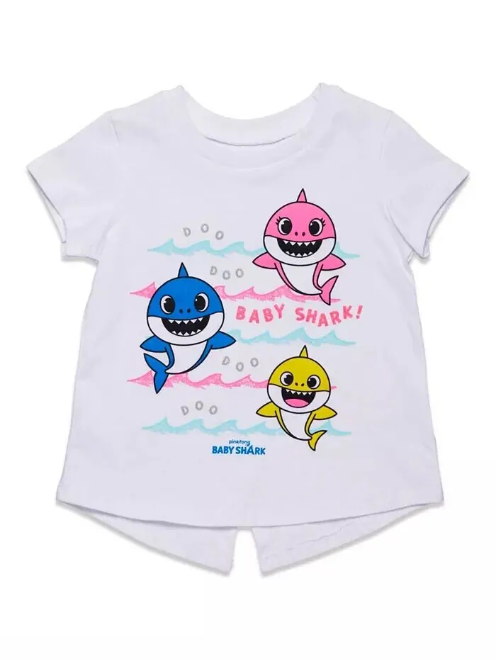 Комплект одежды из футболки и шорт с рисунком Baby Shark для маленьких девочек Pinkfong — изображение 2 из 7, розовый/белый