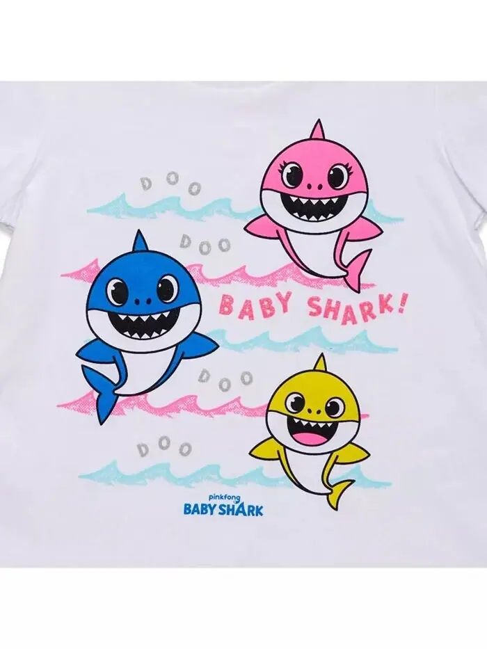 Комплект одежды из футболки и шорт с рисунком Baby Shark для маленьких девочек Pinkfong — изображение 3 из 7, розовый/белый