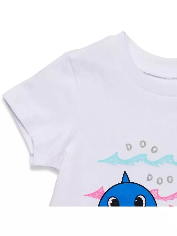 Комплект одежды из футболки и шорт с рисунком Baby Shark для маленьких девочек Pinkfong — изображение 5 из 7, розовый/белый