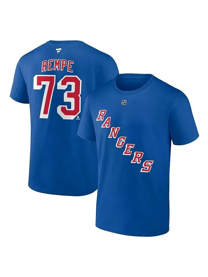 Мужская синяя футболка Matt Rempe New York Rangers с оригинальным номером Stack Name Number Fanatics — изображение 1 из 3