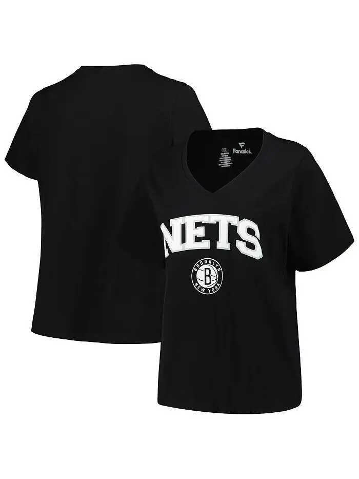Черная женская футболка Brooklyn Nets больших размеров с v-образным вырезом и аркой над логотипом — черный