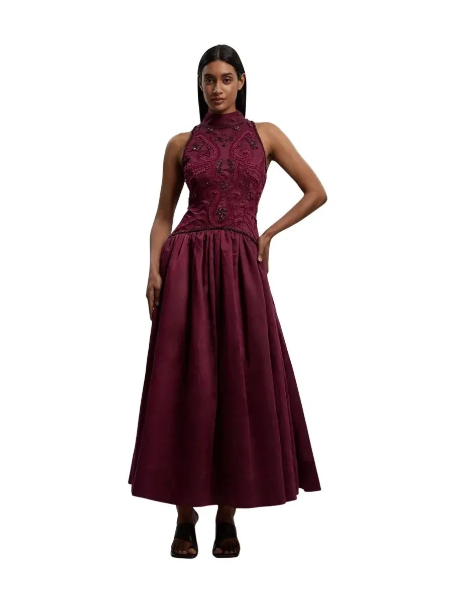 Платье-трапеция с высоким воротом и принтом Taffeta High Neck Fit and Flare Dress Karen Millen — изображение 1 из 4, сливавый
