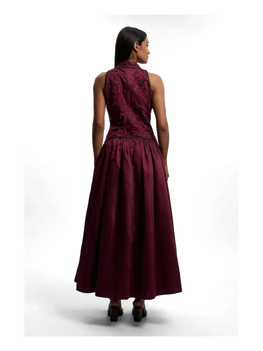 Платье-трапеция с высоким воротом и принтом Taffeta High Neck Fit and Flare Dress Karen Millen — изображение 3 из 4, сливавый