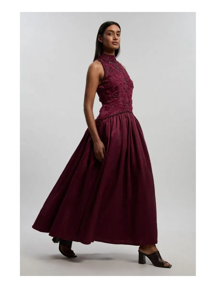 Платье-трапеция с высоким воротом и принтом Taffeta High Neck Fit and Flare Dress Karen Millen — изображение 4 из 4, сливавый